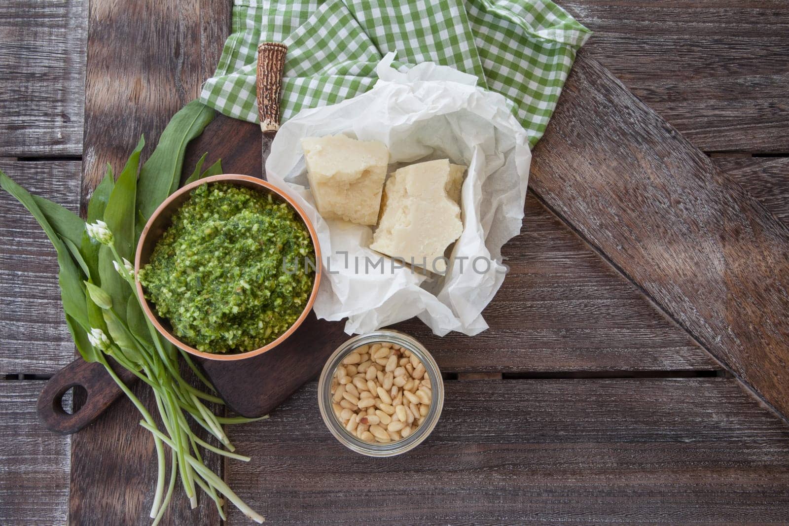 Homemade pesto with fresh baerlauch and Parmesan cheese