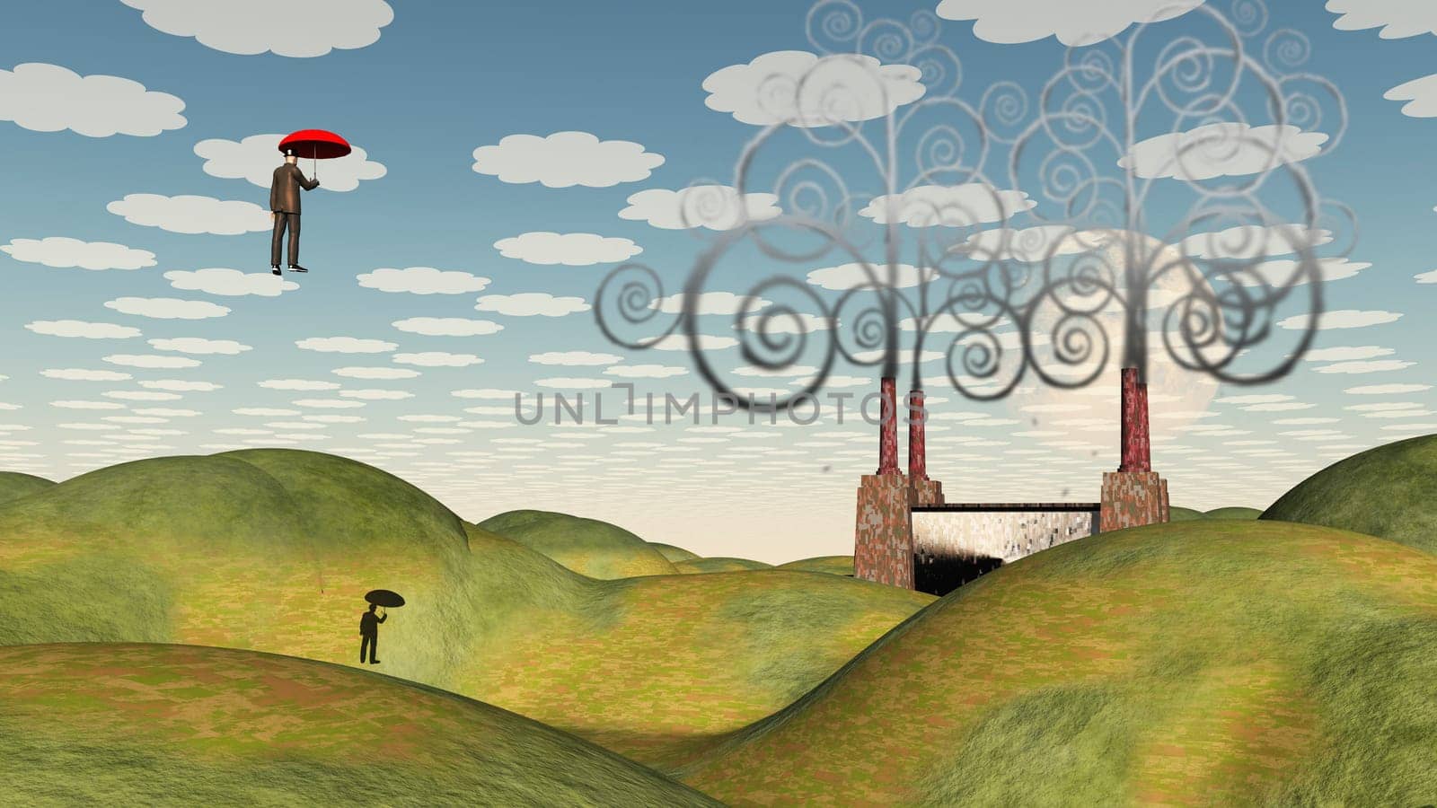 Fantastic landscape with man floating in sky under umbrella