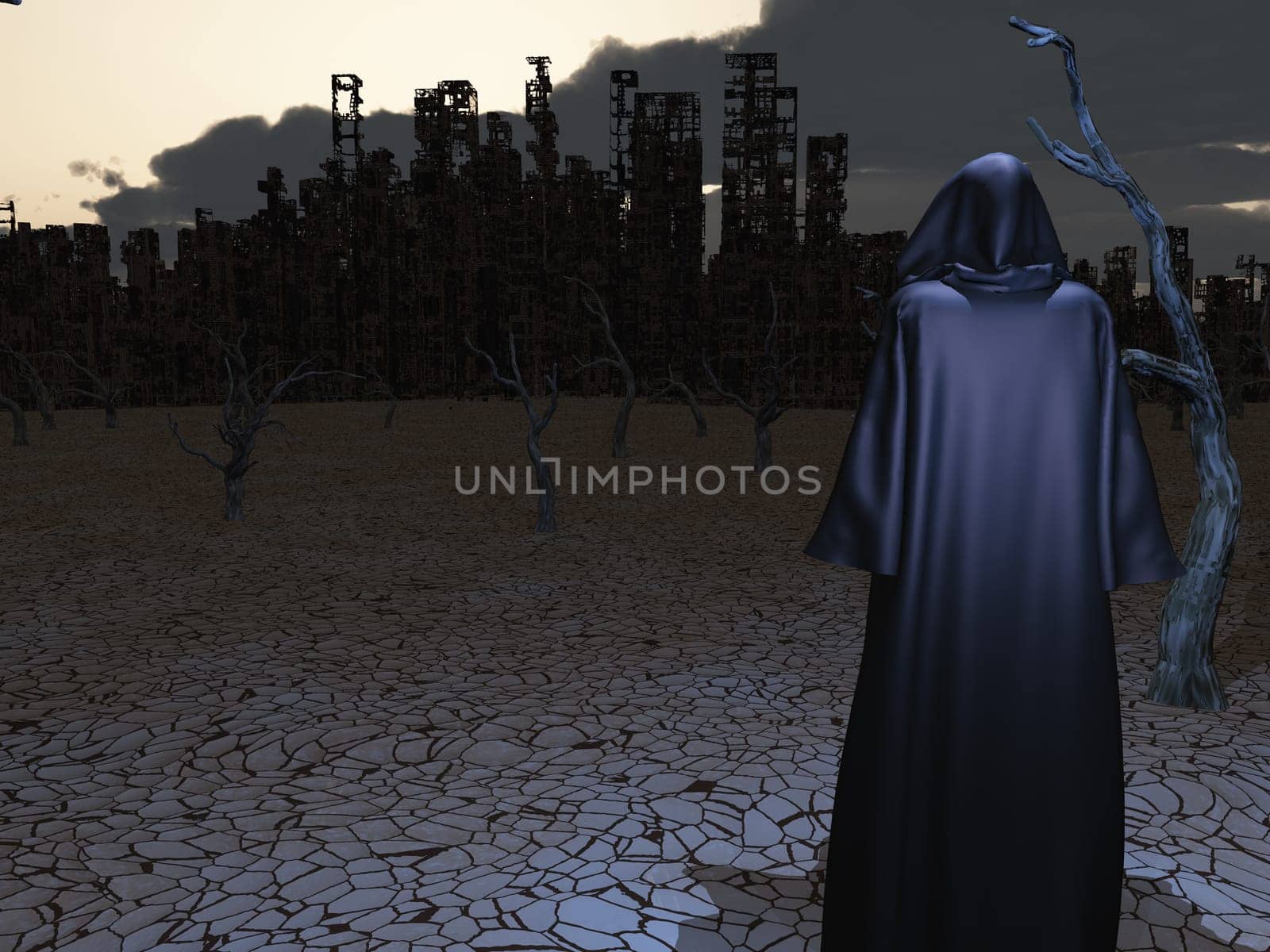 Traveler. Robed Figure Before Destroyed City
