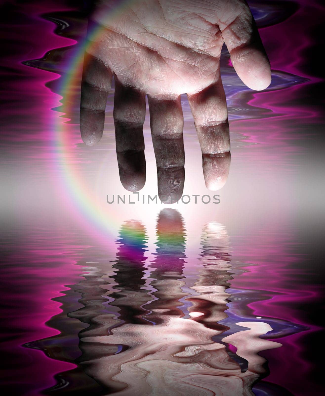 Human palm reflected in water