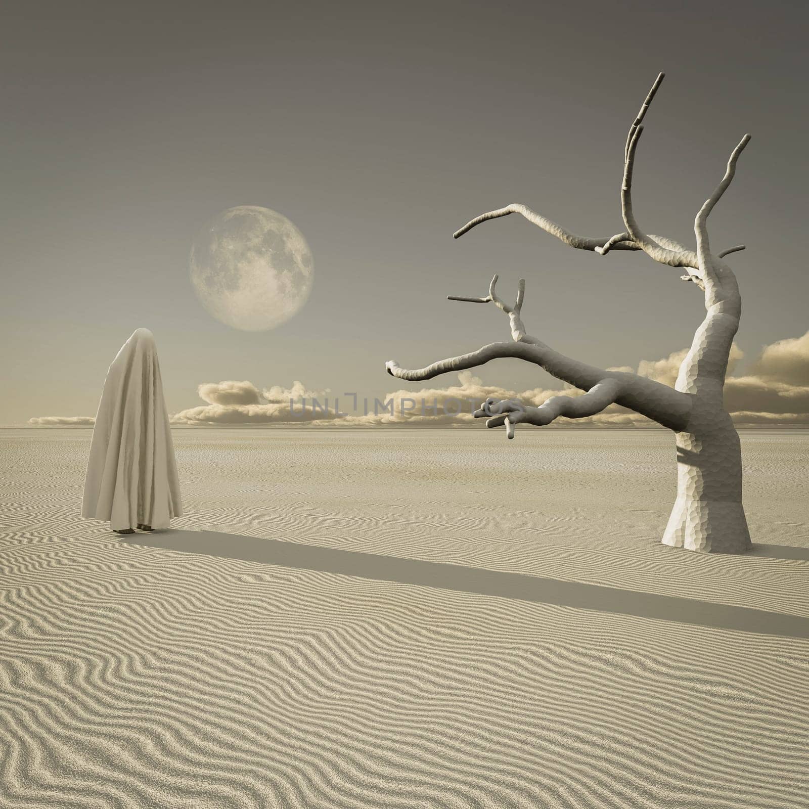 Surreal white desert. Figure covered by cloth similar to hijab in desert
