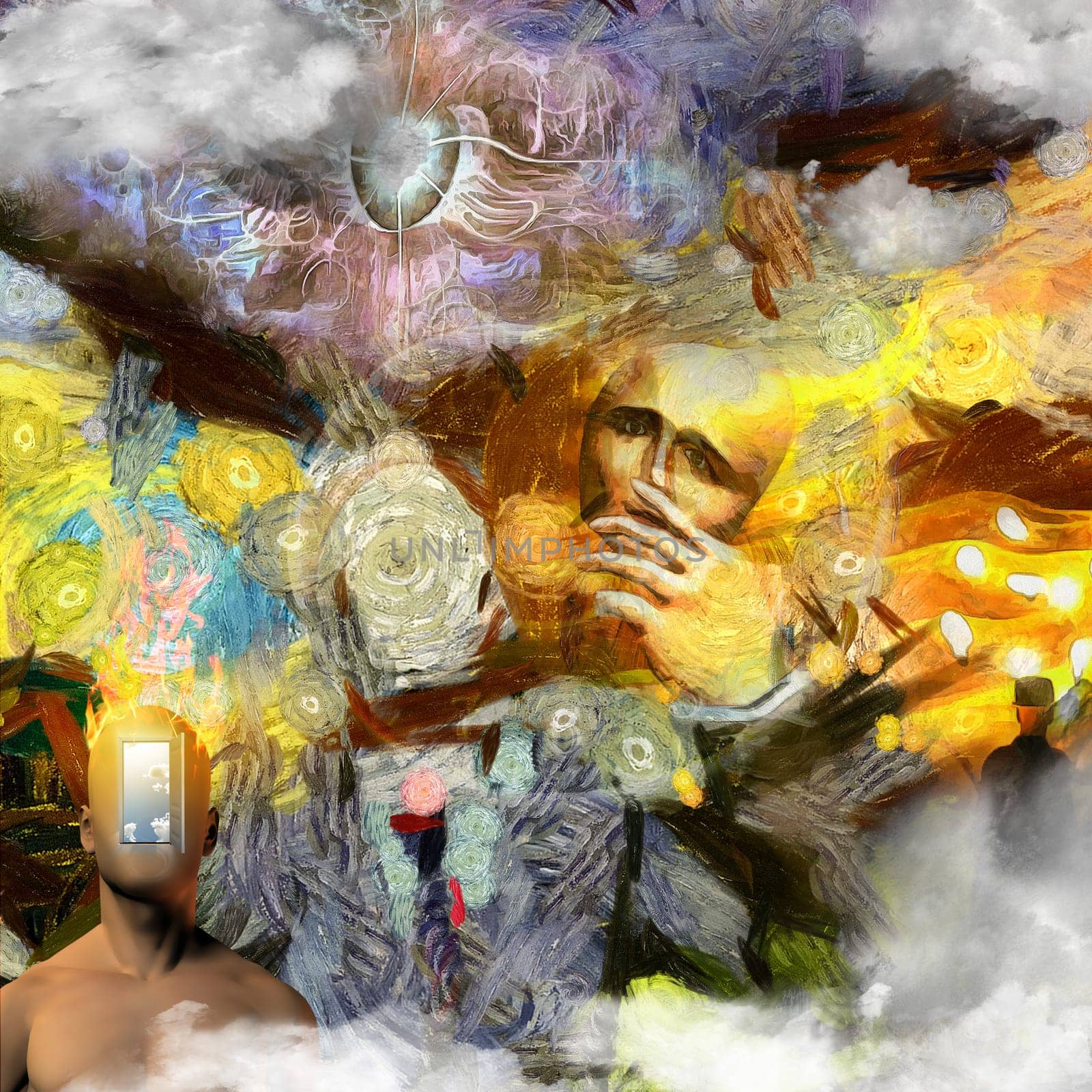 Surreal painting. Man without face with mask in his hand. Naked man's torso with opened door instead of his face