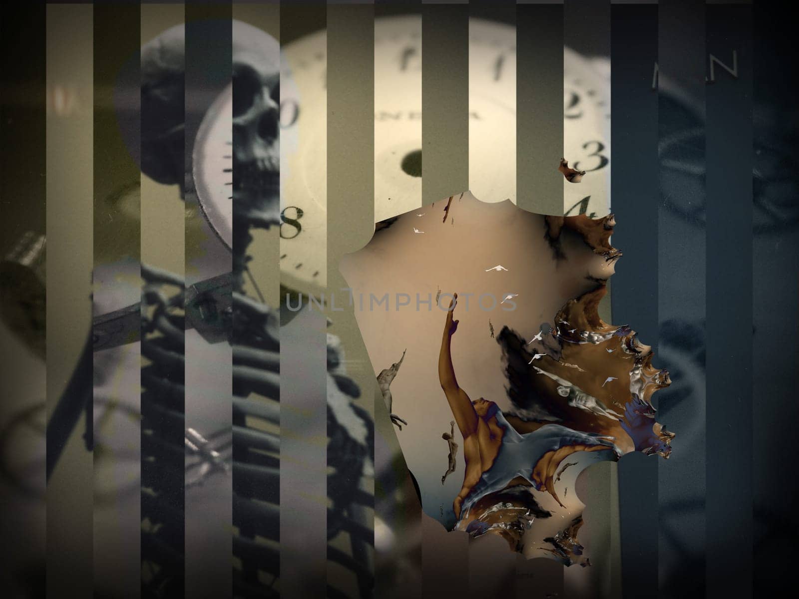 Surrealism. Skeleton, ascending bodies and clock