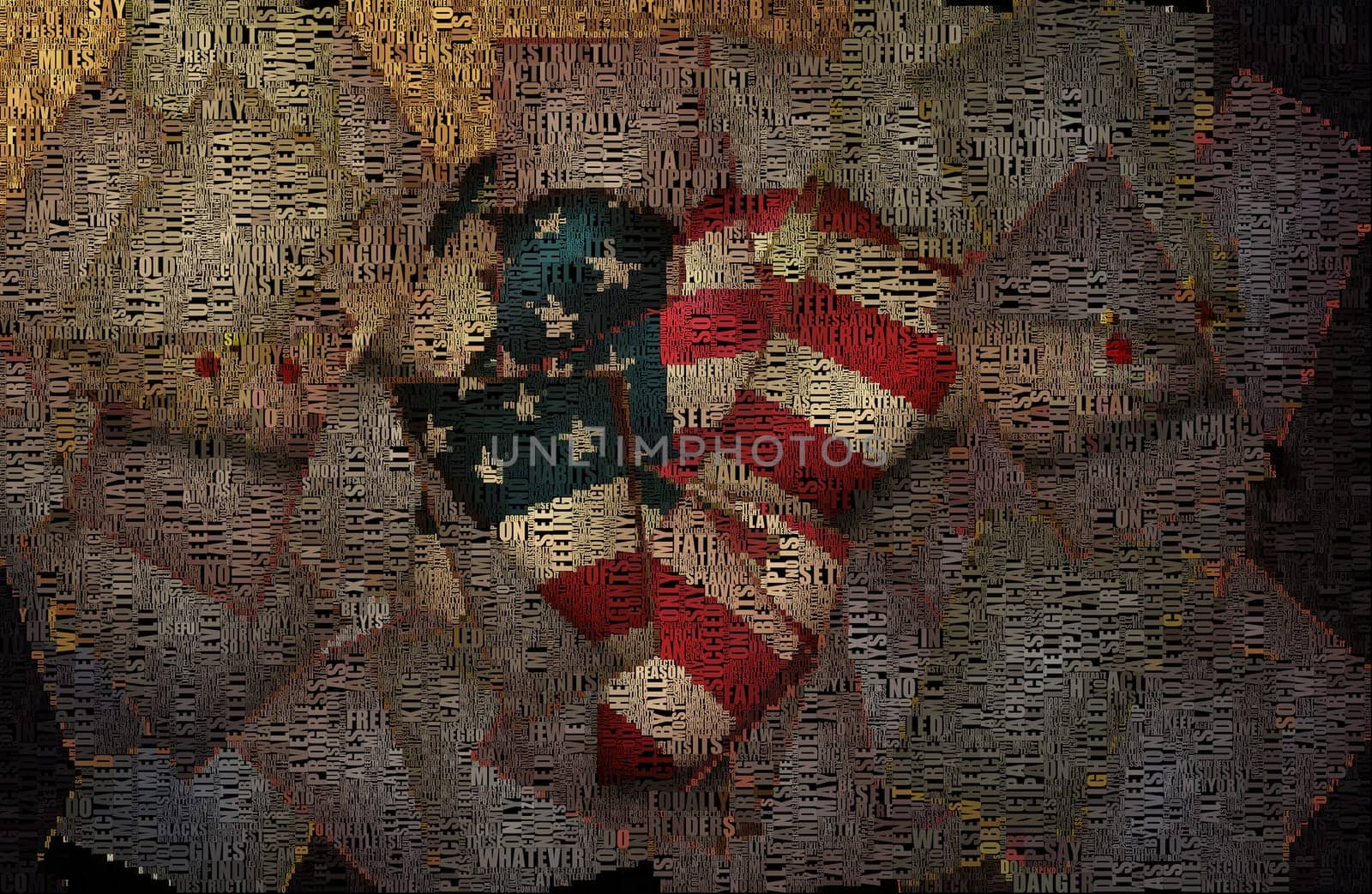 Heart with stars and stripes, pinned wings. Image composed entirely of text