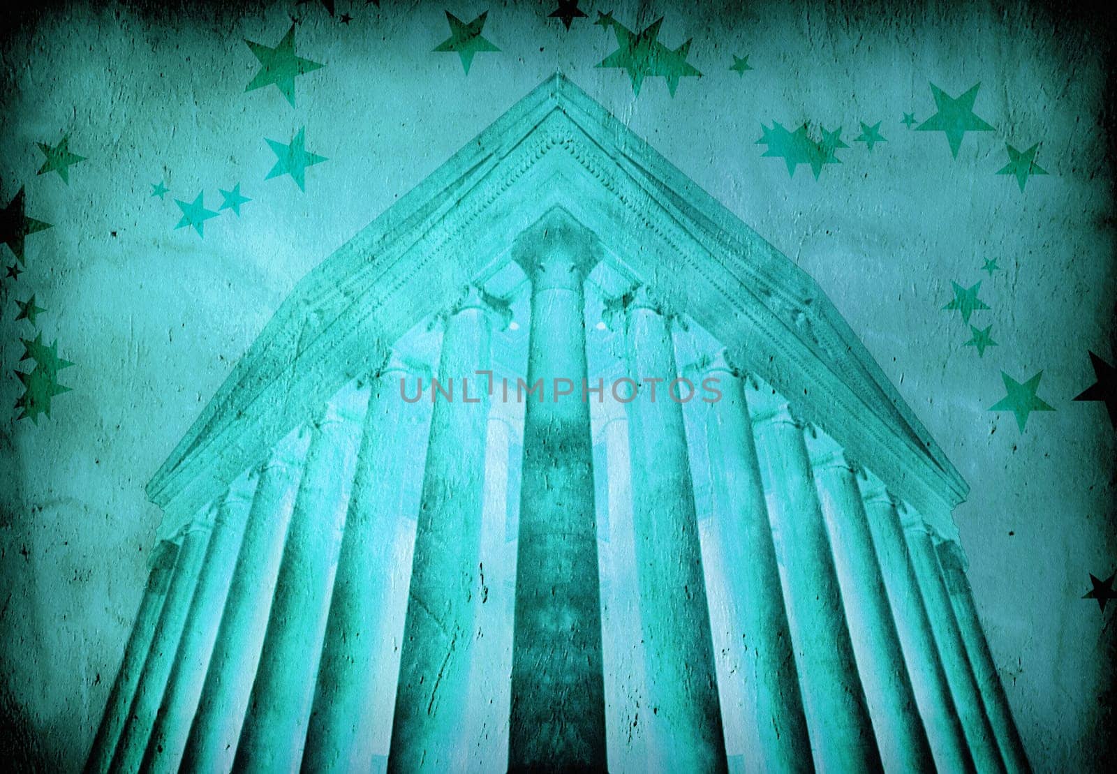 Temple in ancient greek style. Background with rays