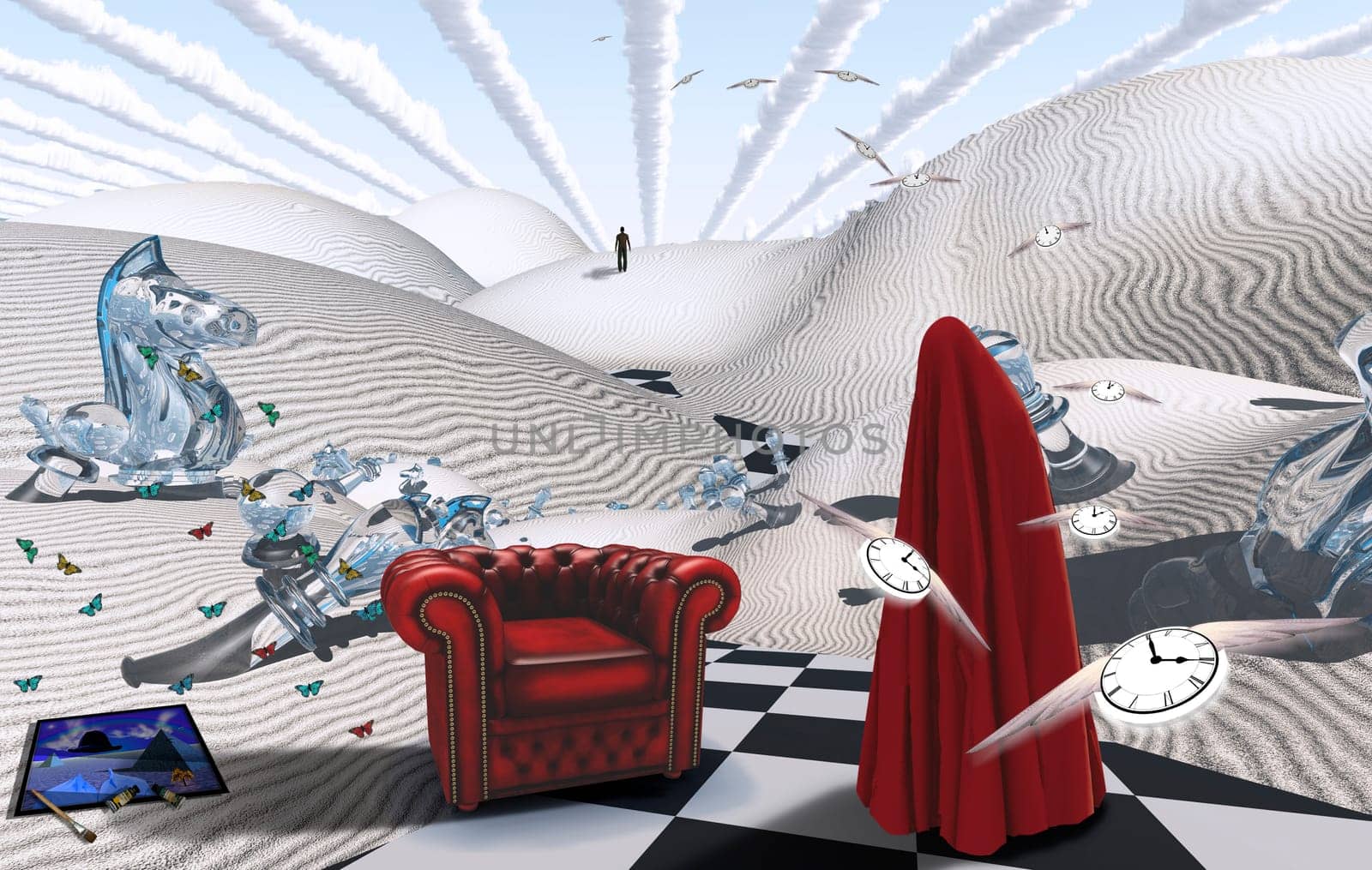 The Game. Surreal desert with chess figures. Figure in red hijab. Armchair. Painting with brush and dyes. Winged clocks represents flow of time
