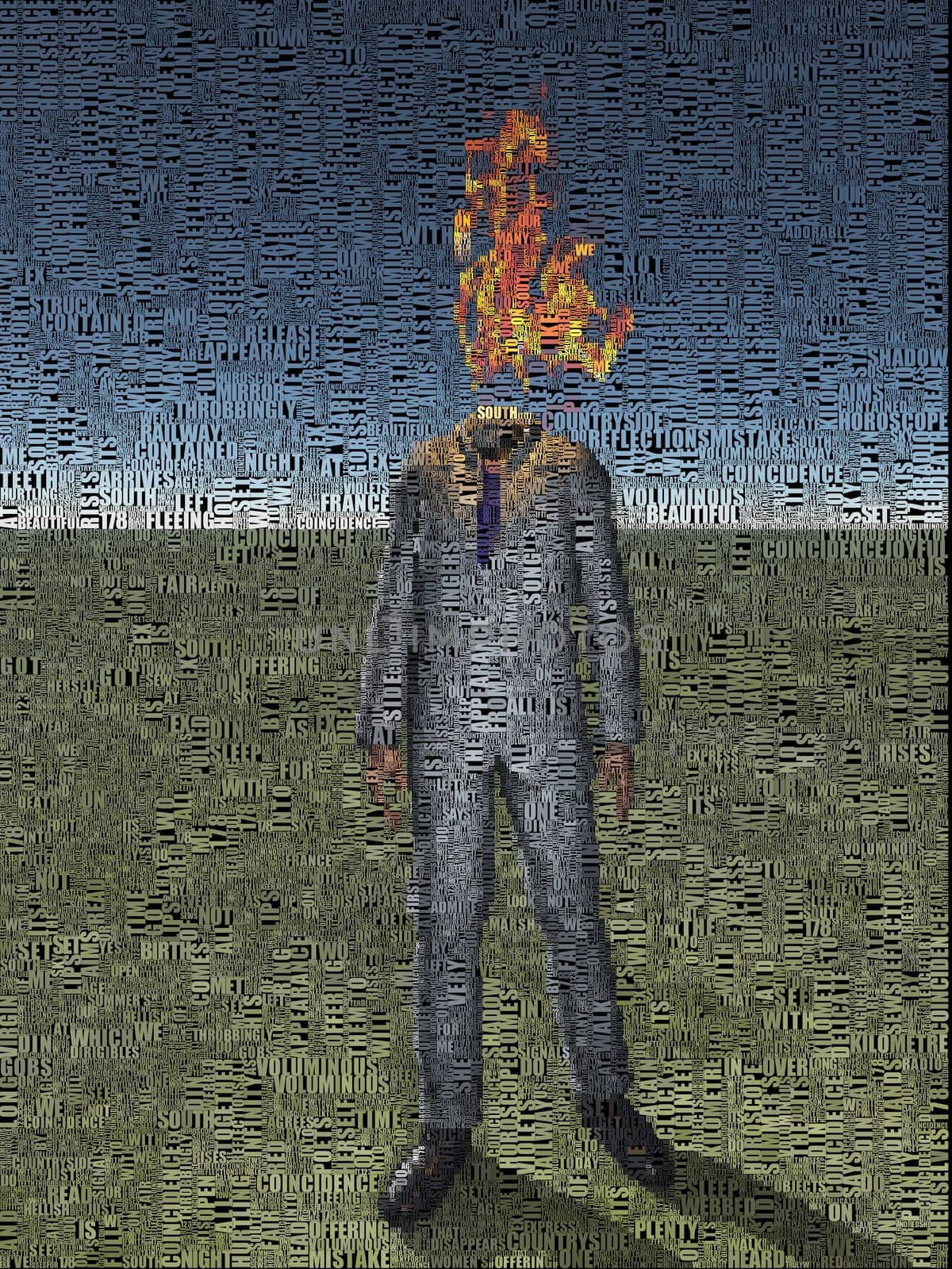 Abstract painting. Man with fire instead of head