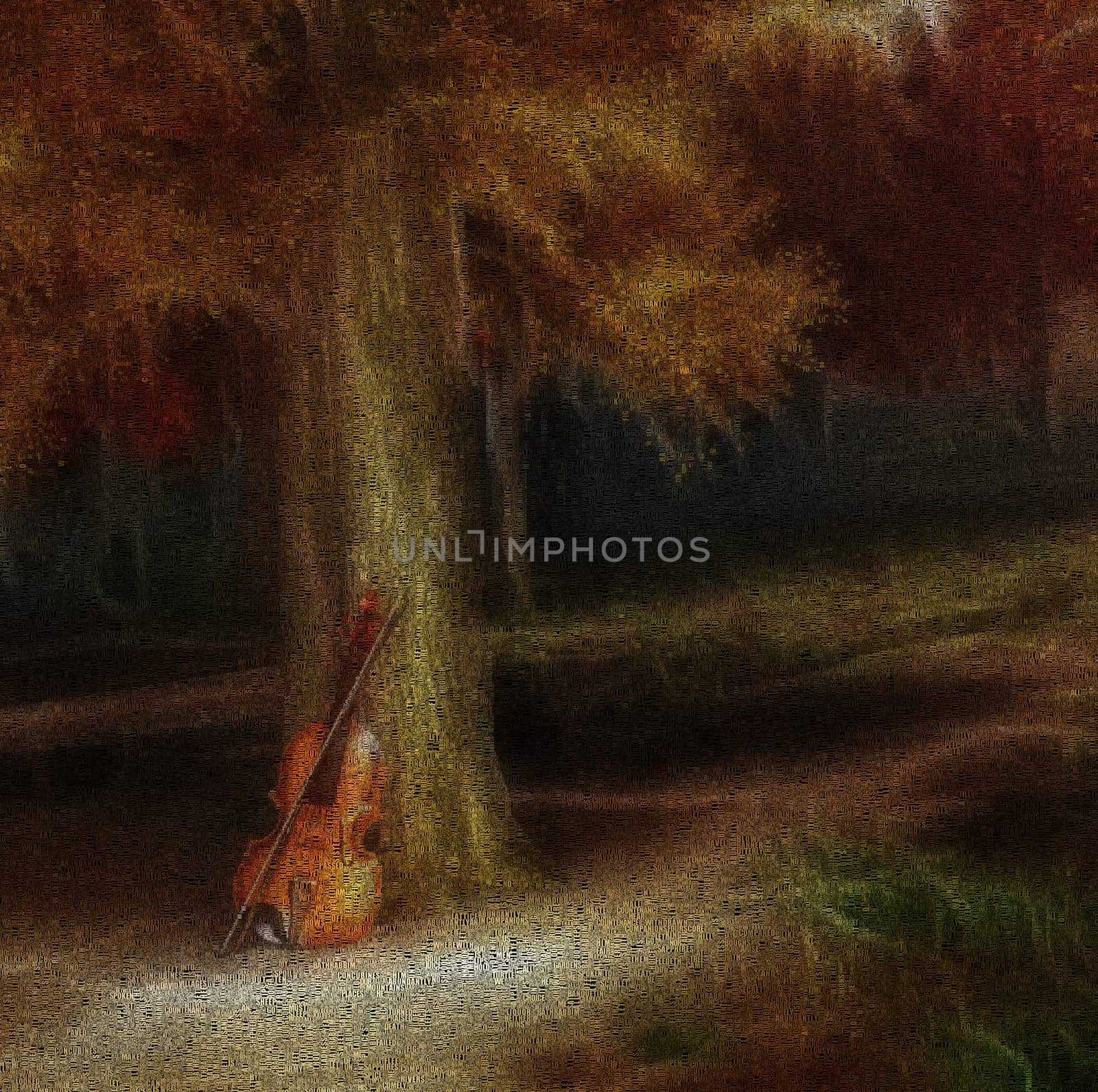 Violin in the forest. Image composed entirely of words