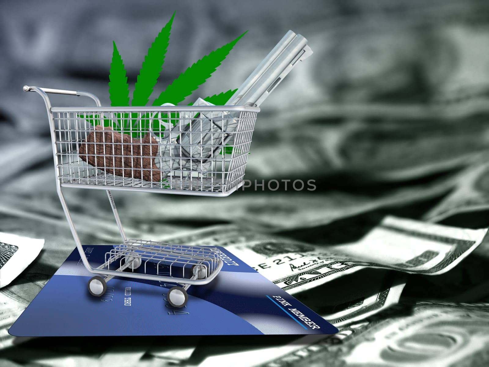 Trading. Marijuana leaf and gun in a cart. US dollars and credit card
