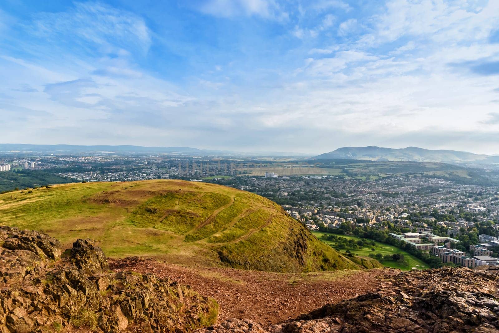 cityscape view of Edinburgh from Arthur's Seat peak, Scotland, United Kingdom