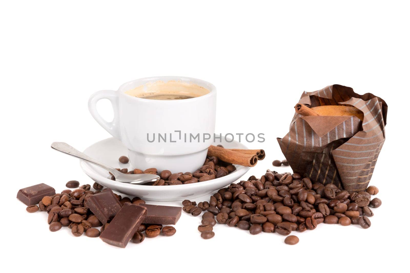 coffee cup with coffee beans, chocolate and muffin