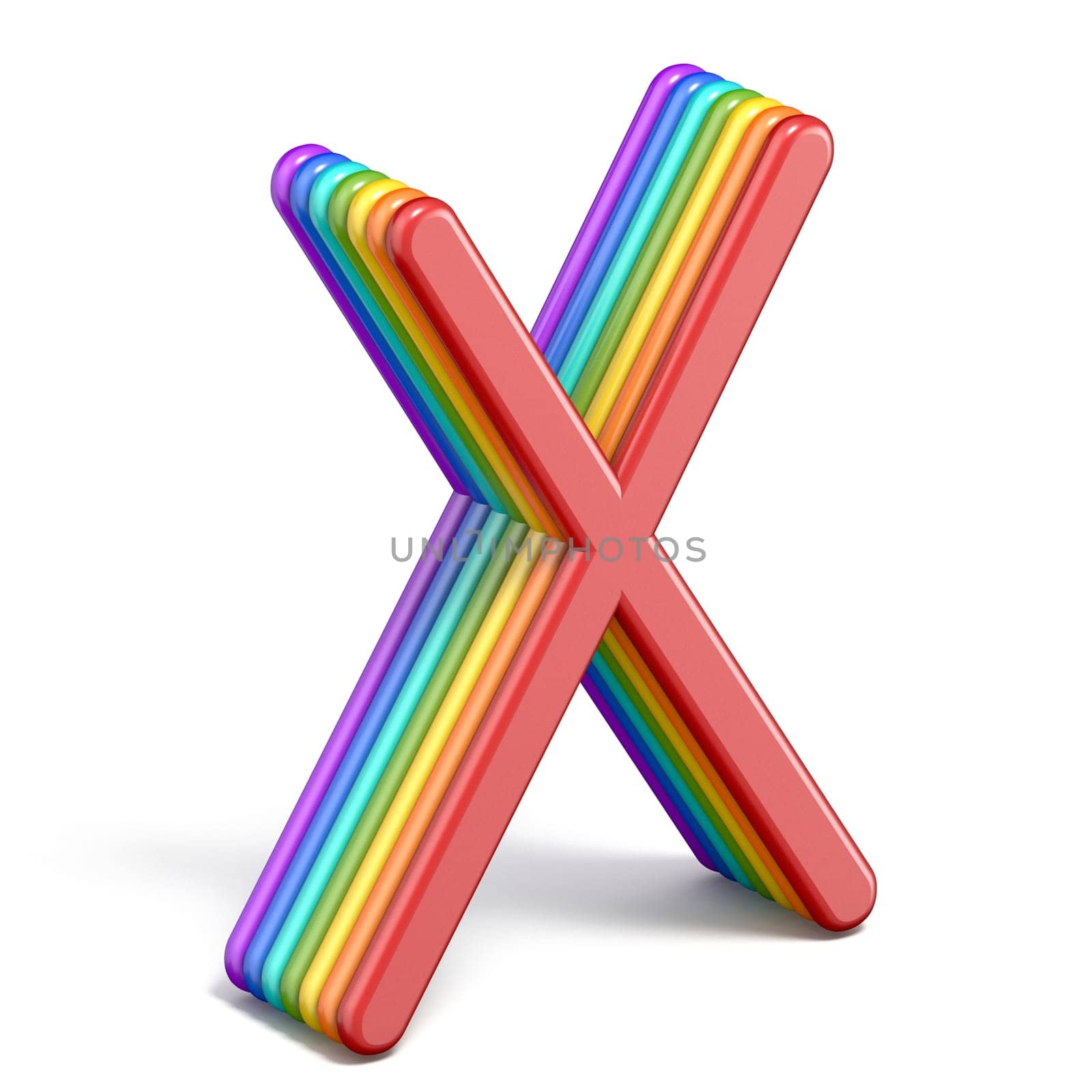 Rainbow font letter X 3D rendering illustration isolated on white background