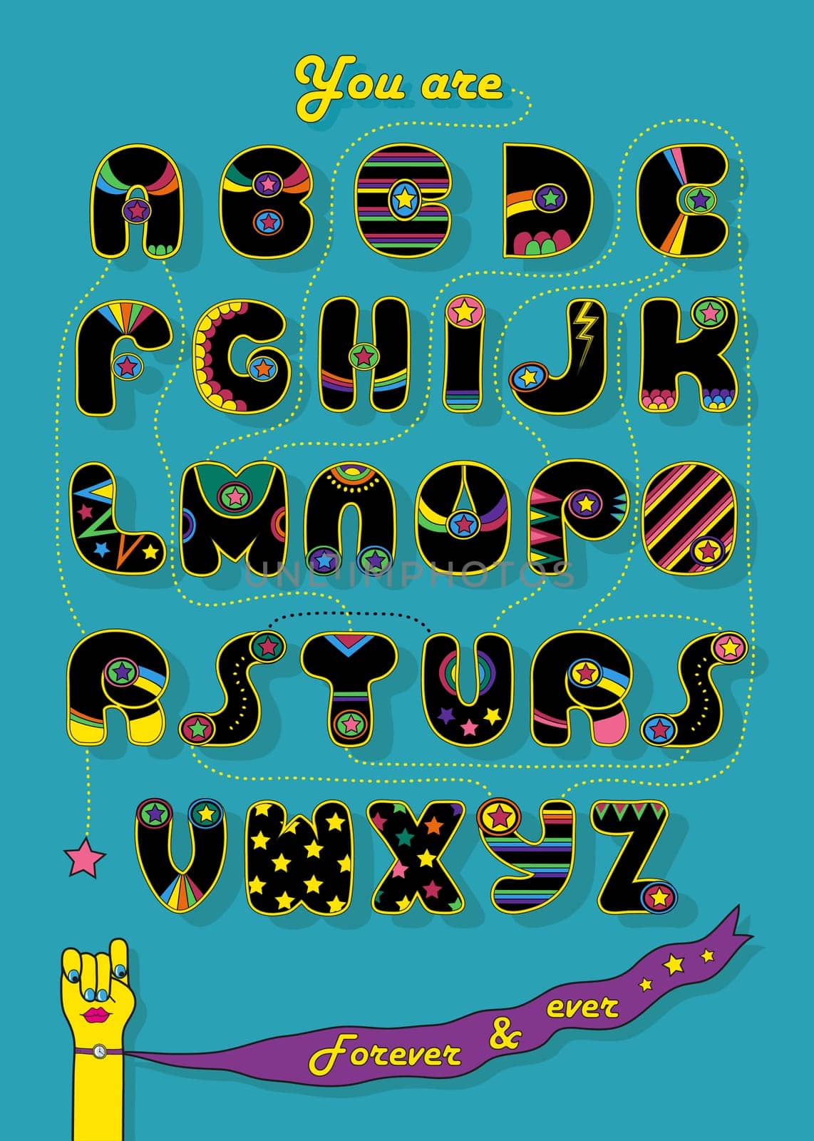 Artistic alphabet with encrypted romantic message We make a good team. Cartoon orange letters with bright decor. Funny hands looking at each other. Inscriptions - Decipher the message and Start here.  Illustration