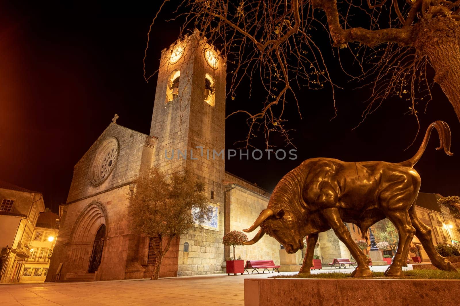 PONTE DE LIMA, PORTUGAL - CIRCA APRIL 2018: Night view of Matriz Church in Ponte de Lima, small town in historical Minho Province, Portugal.
