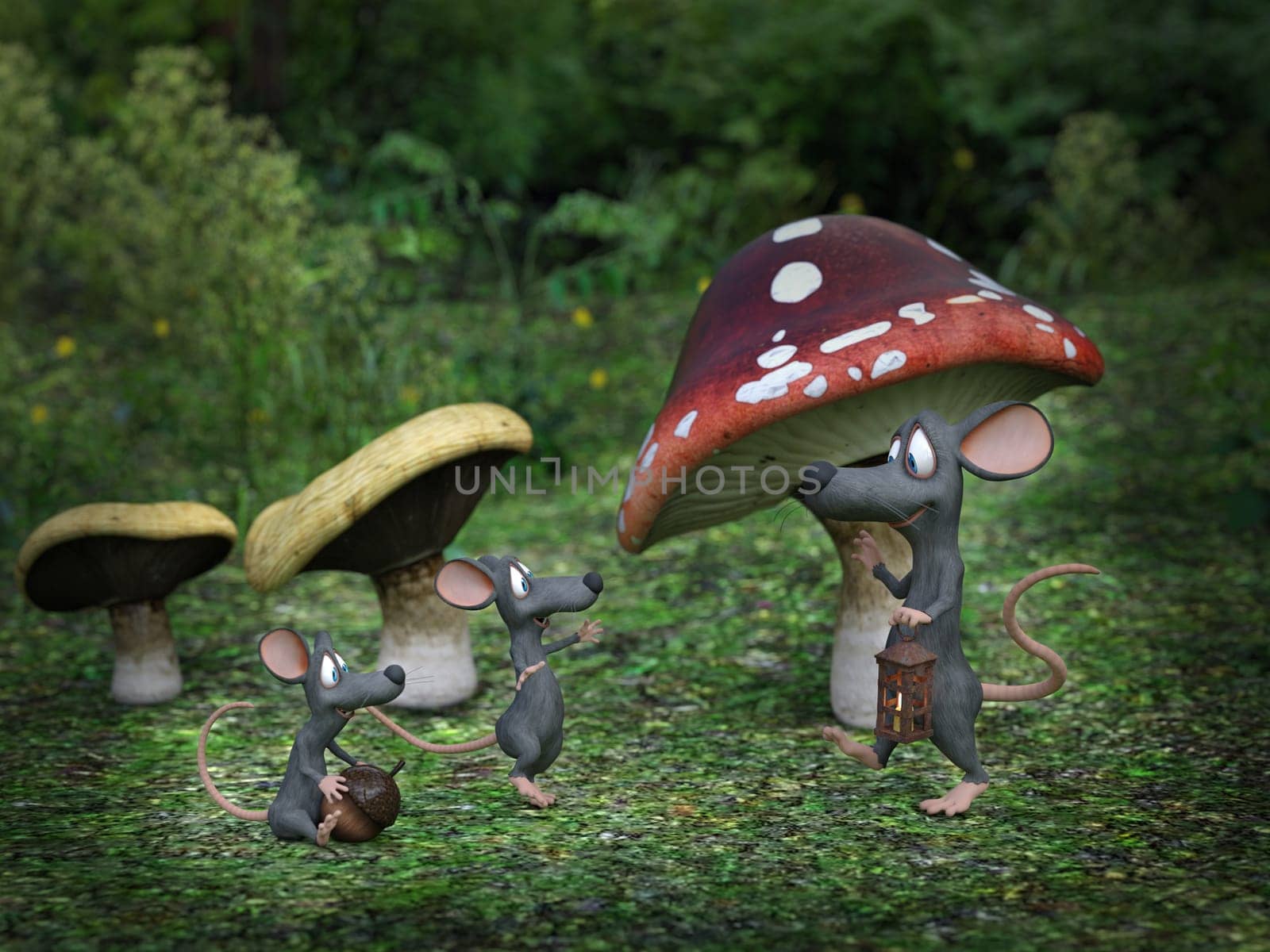 3D rendering of cartoon mouse daddy being greeted by his mice kids at night in a fairytale toadstool forest.