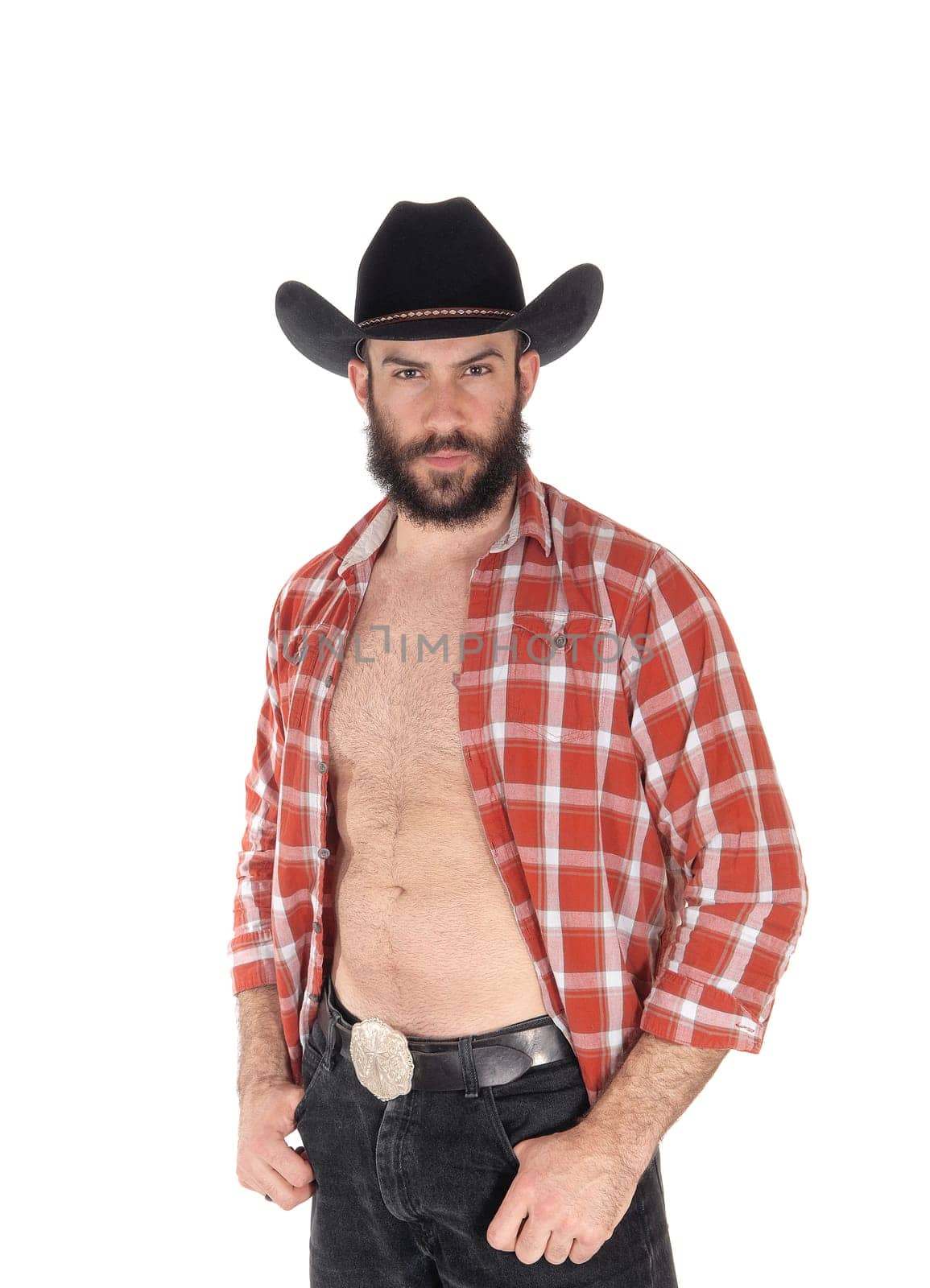 A close up image of a young man in a open checkered shirt wearing a.cowboy hat and black jeans, isolated for white background.
