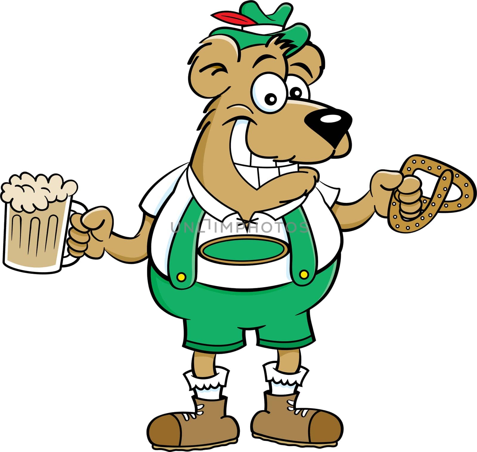 Cartoon illustration of a bear holding a beer mug and a pretzel.