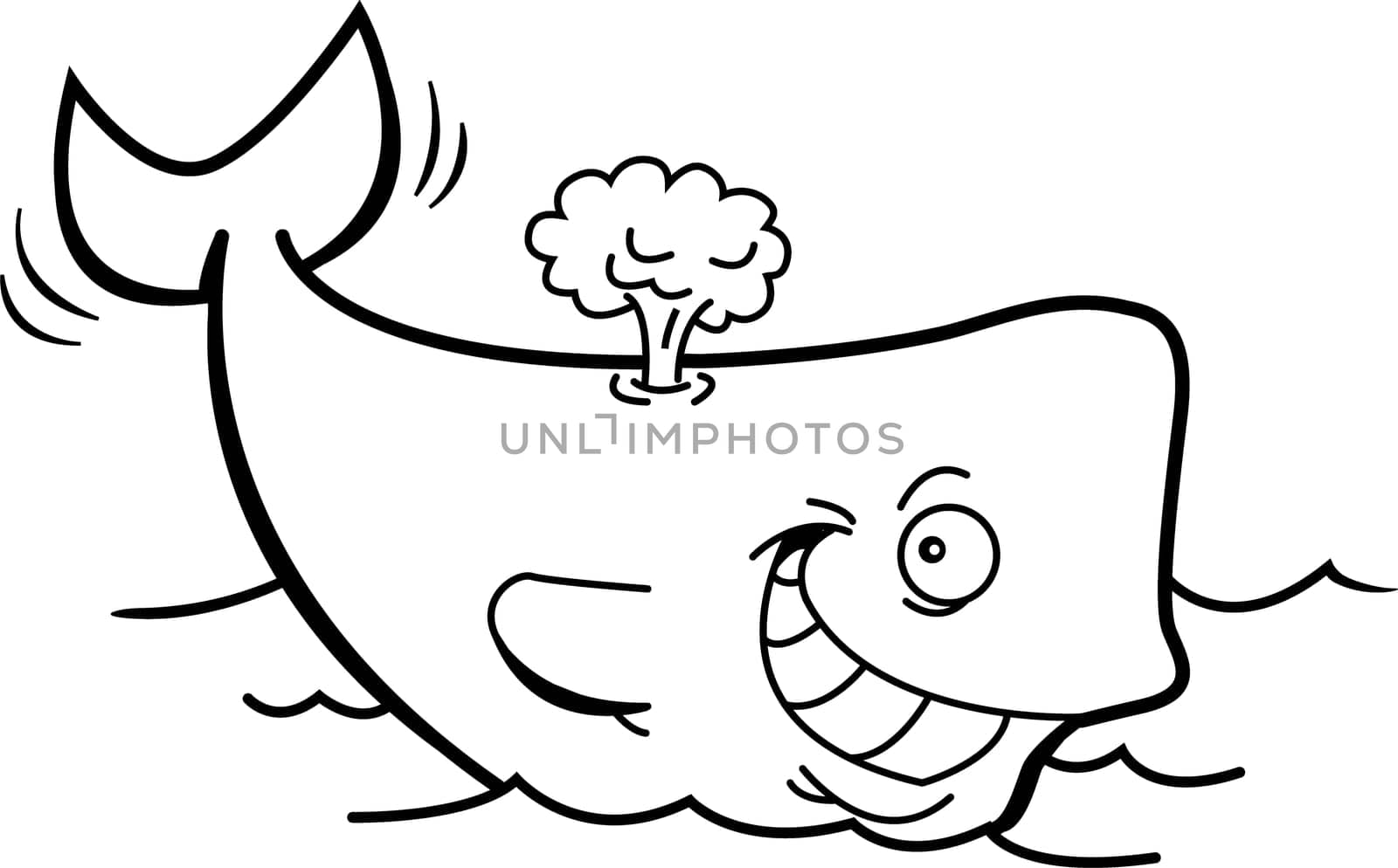 Black and white illustration of a smiling whale with a blow spout.