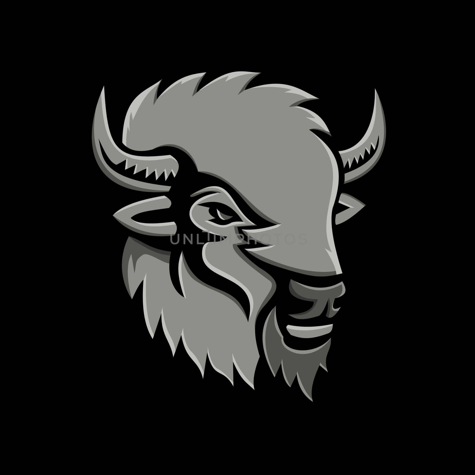 Metallic style flat icon or mascot illustration of an American bison or buffalo head viewed from side on isolated black background.