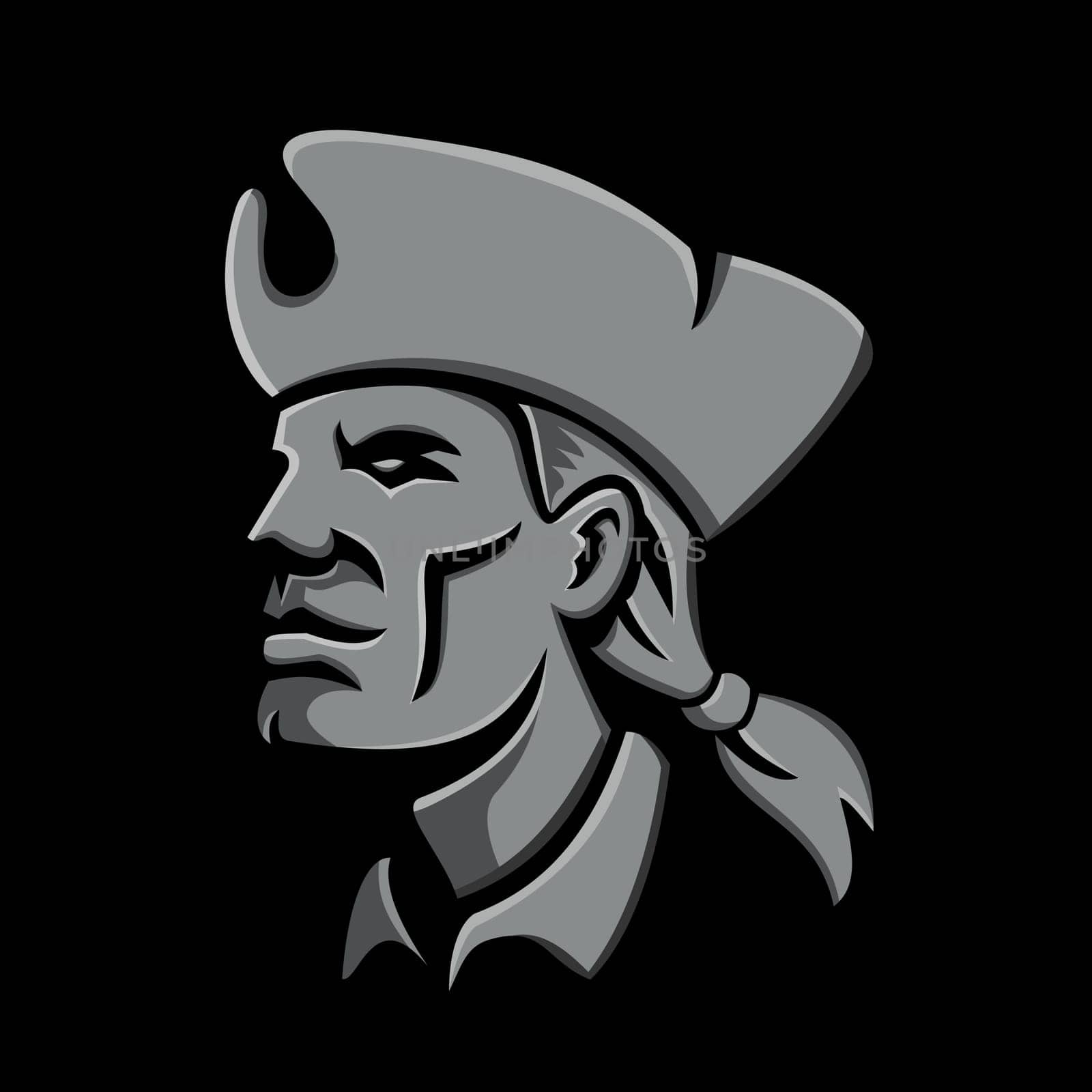 Metallic style flat icon or mascot illustration of head of an American patriot, minuteman or militia revolutionary soldier wearing tricorne hat on isolated black background.
