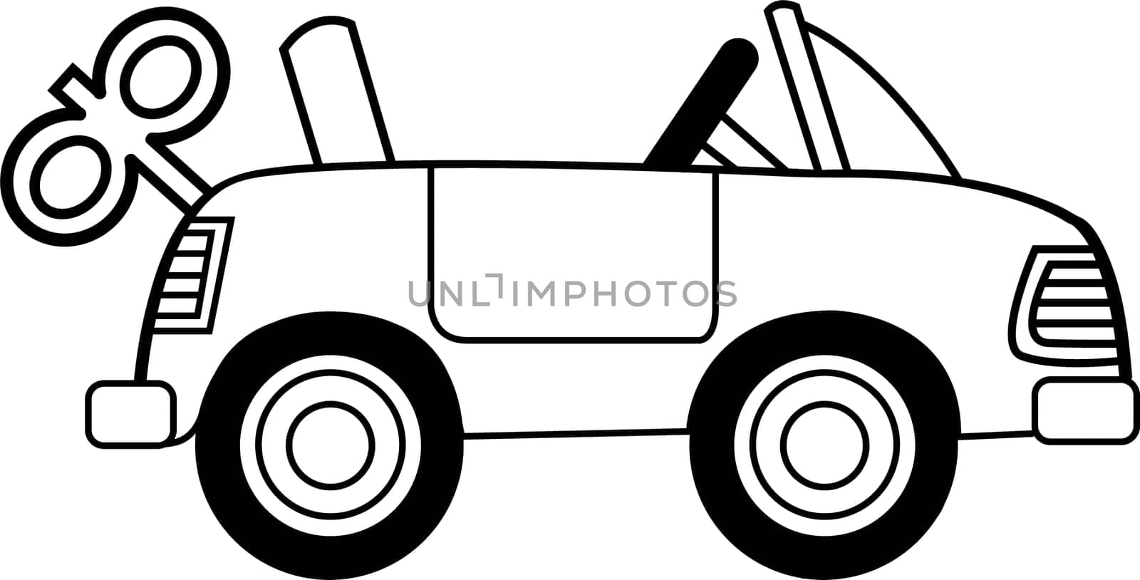 Black and white illustration of a toy wind up car.