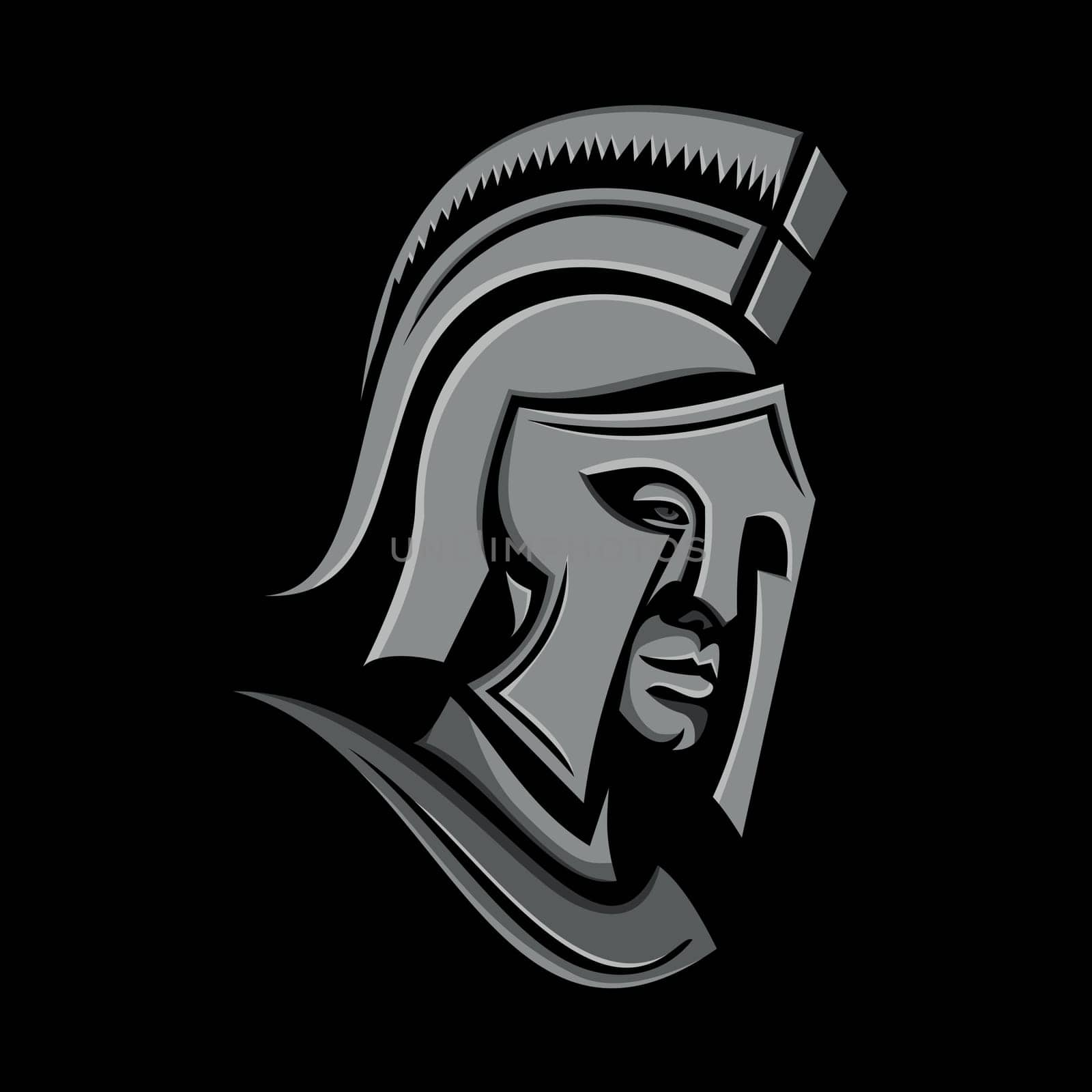Metallic style flat icon or mascot illustration of a Spartan warrior wearing helmet viewed from side on isolated black background.