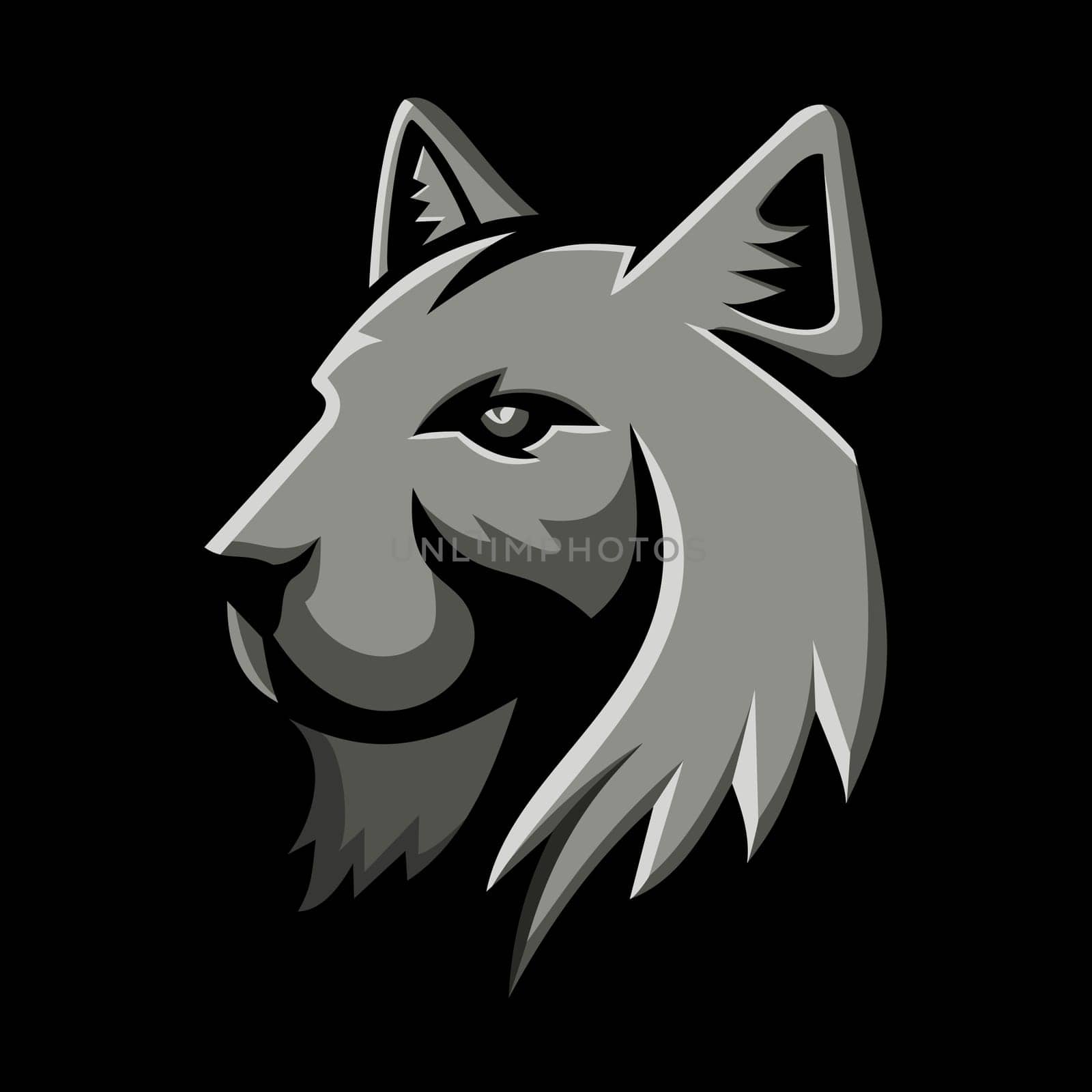 Metallic style flat icon or mascot illustration of head of a lynx cat or bobcat viewed from side on isolated black background.