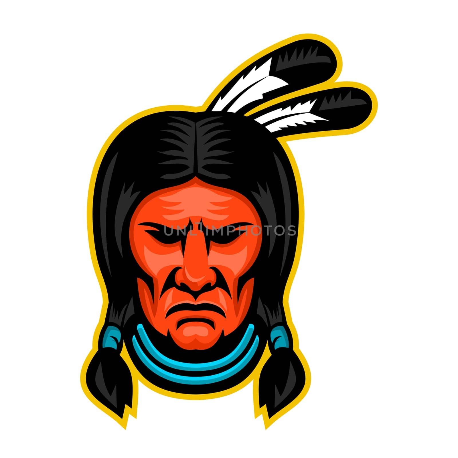 Mascot icon illustration of head of a Sioux Native American Indian chief viewed from front on isolated background in retro style.
