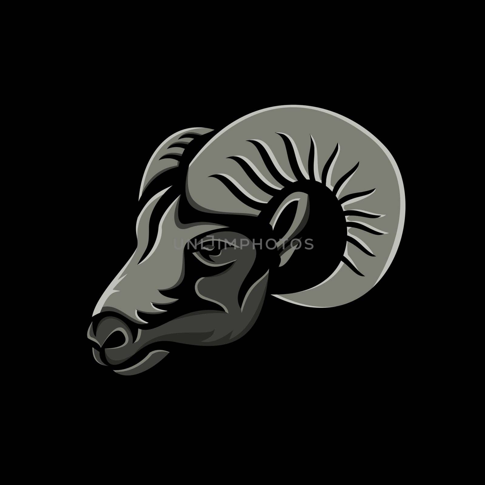Metallic style flat icon or mascot illustration of a male bighorn or long-horned sheep ram viewed from side on isolated black background.