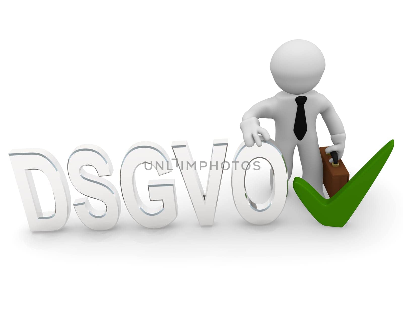 Small business character with the letters DSGVO and a green check mark, 3d concept rendering
