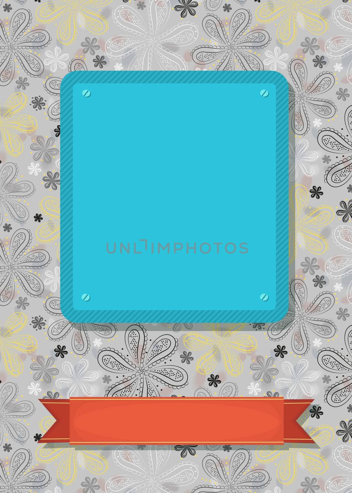 Floral greeting card. Black, gray and yellow geometric flowers. Blue and red banners for custom text. Gray background