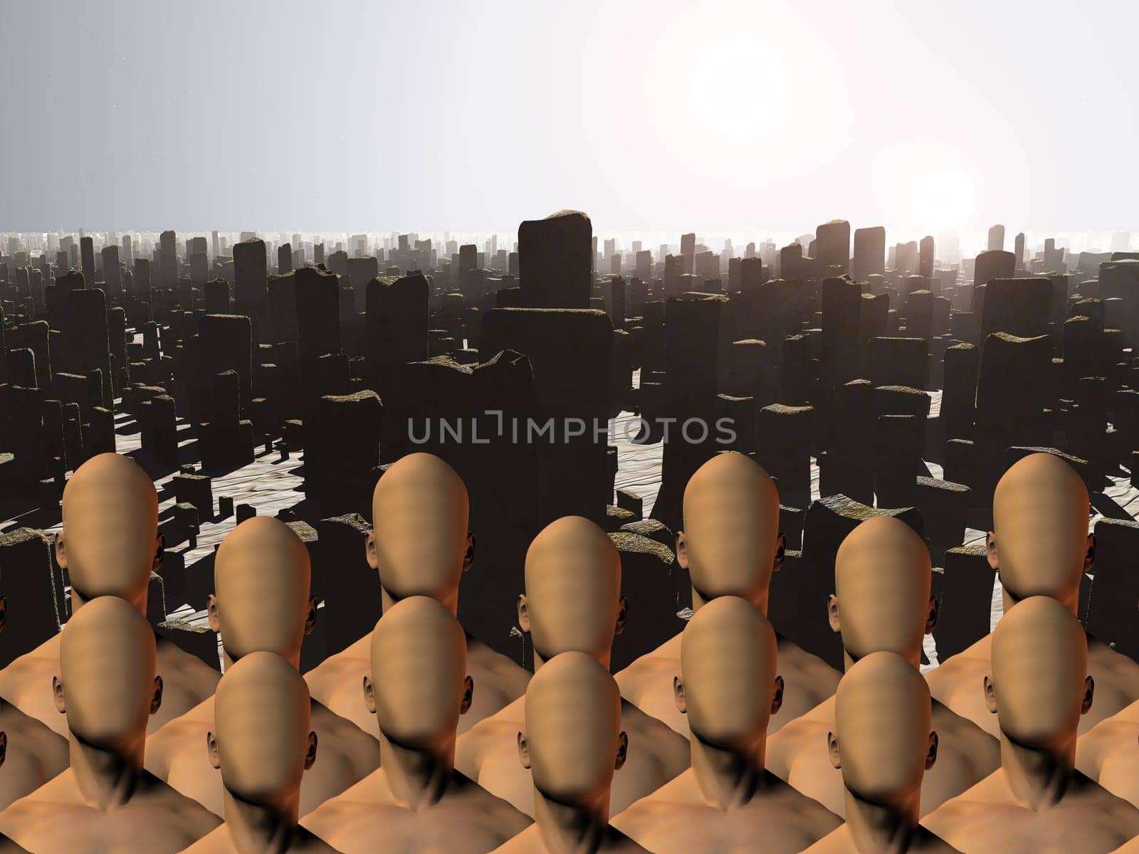 Faceless men crowd before ruins