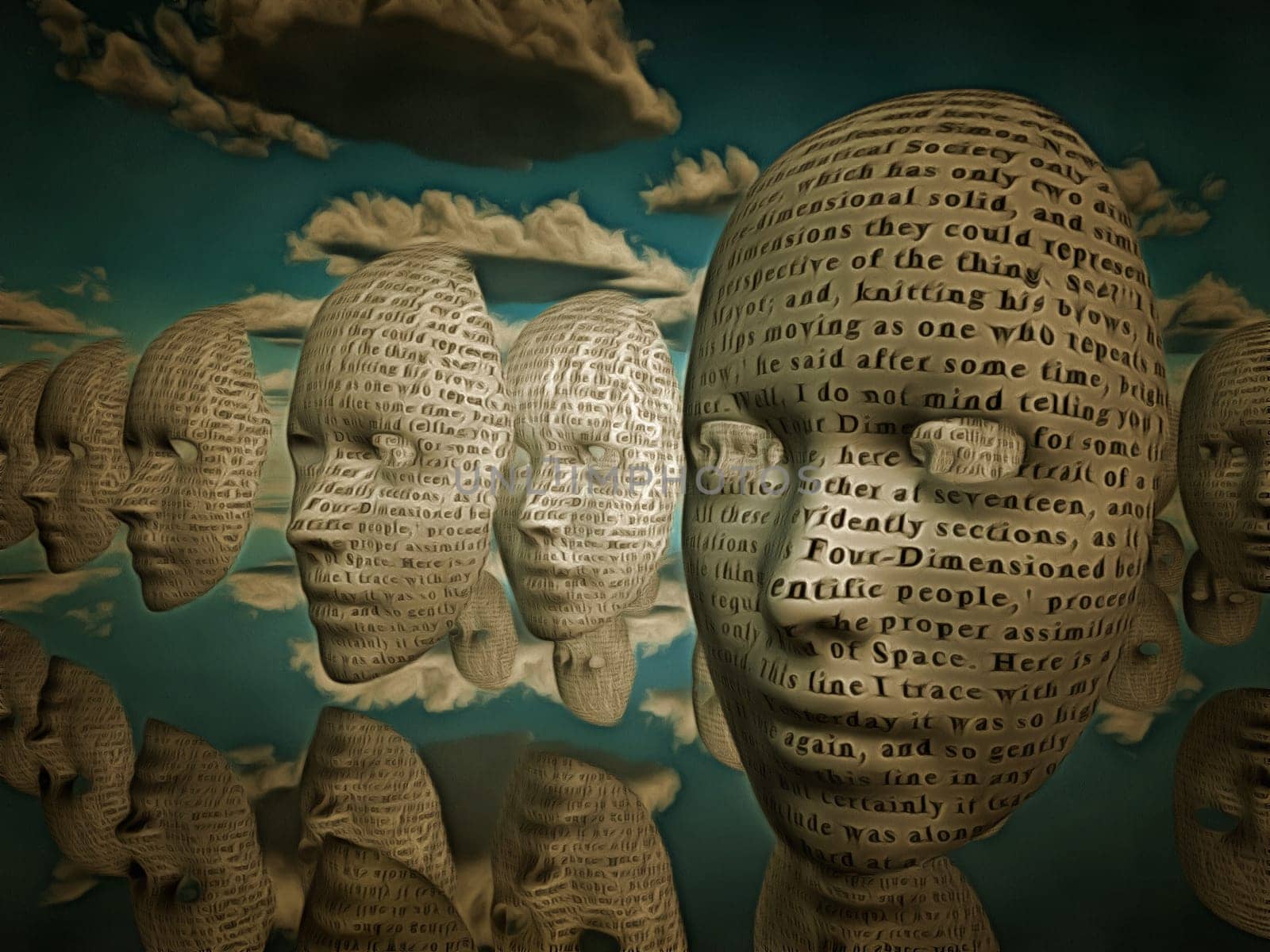 Faces of text hover in surreal space Text is from HG wells the time machine band is in the public domain.
