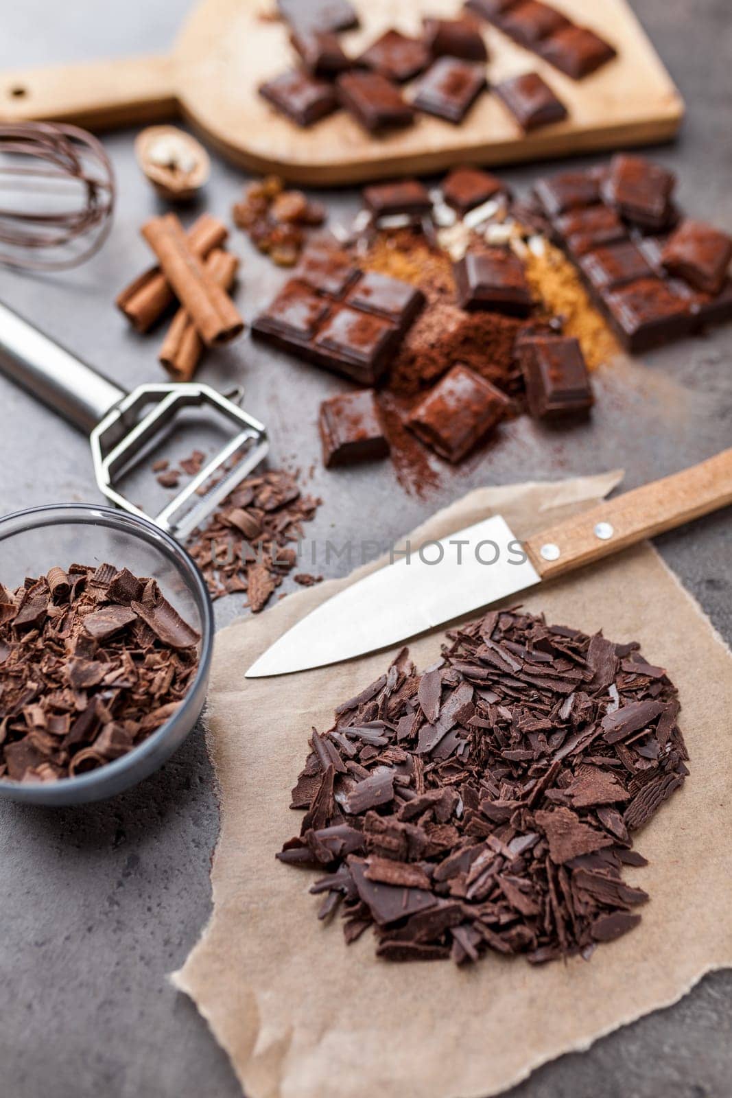 Delicious chocolate on a rustic grey background