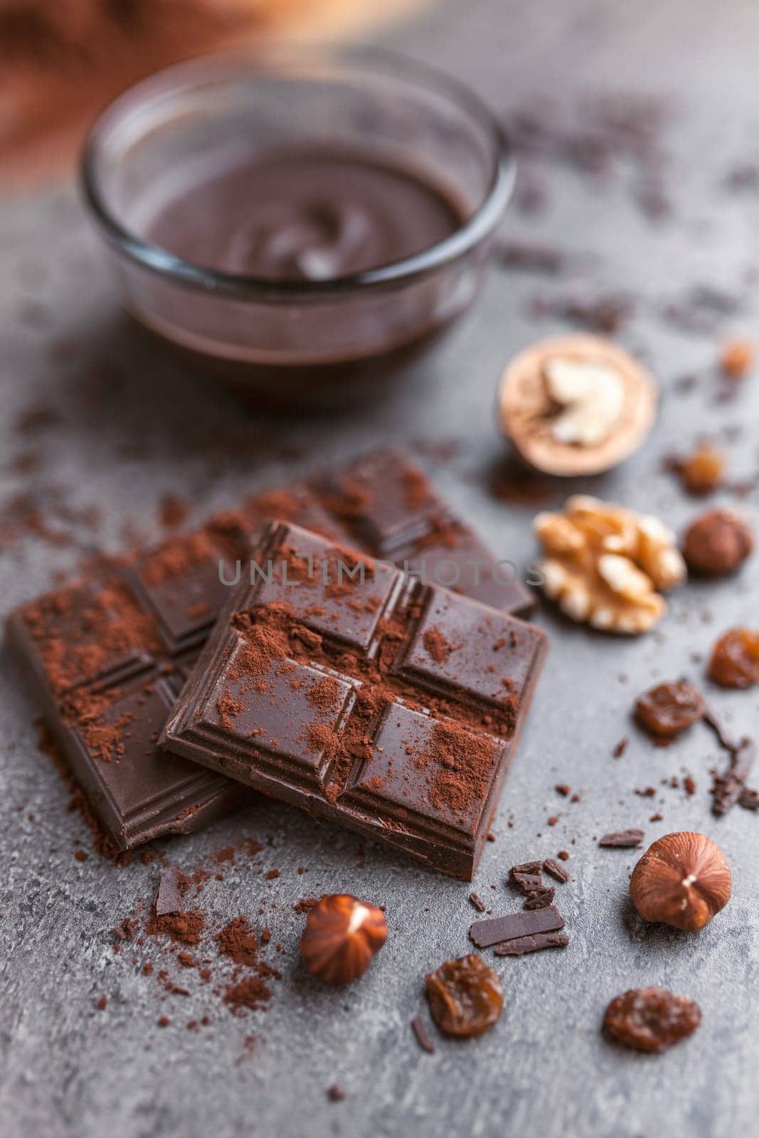 Delicious chocolate on a rustic grey background