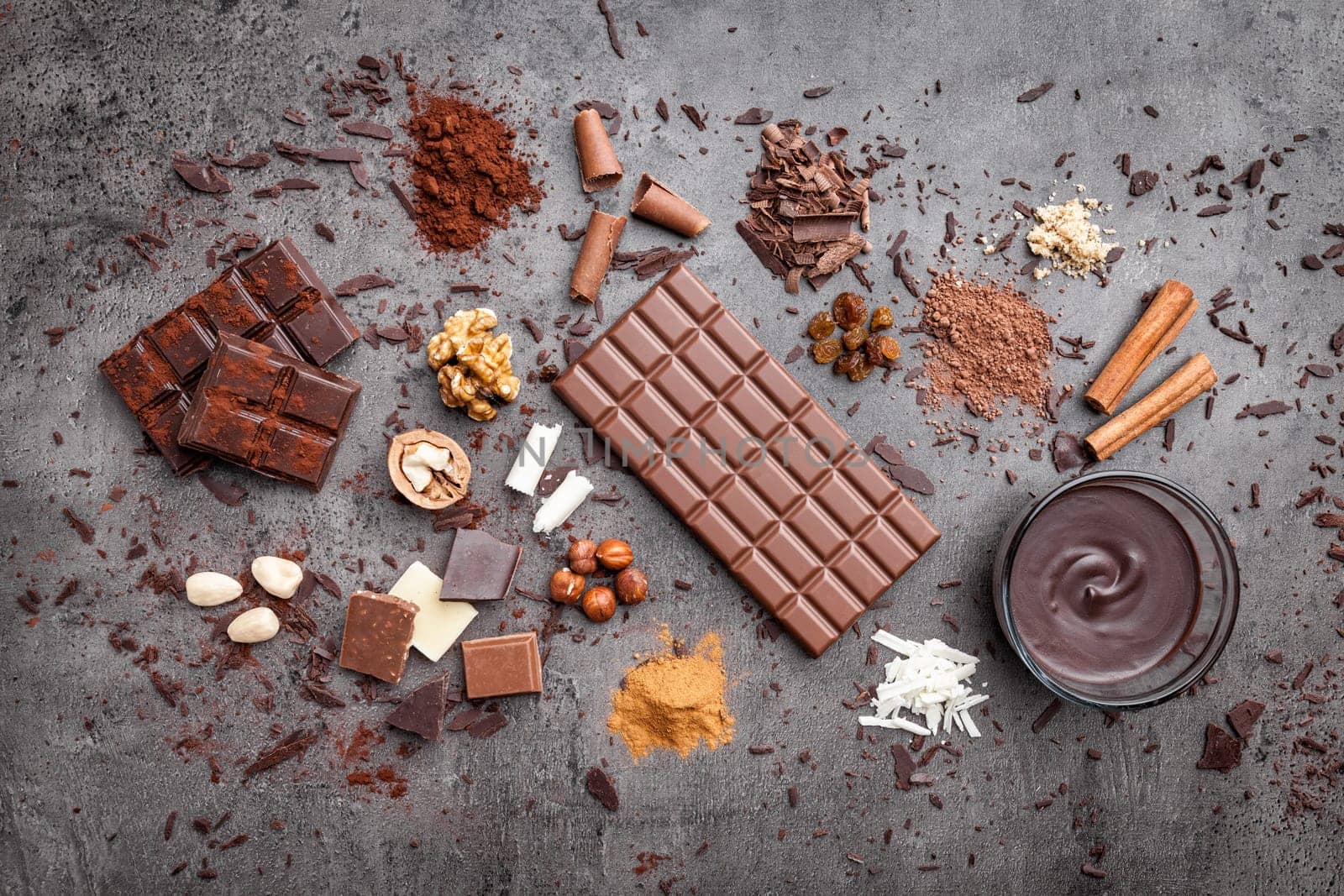 Delicious chocolate on a rustic grey background