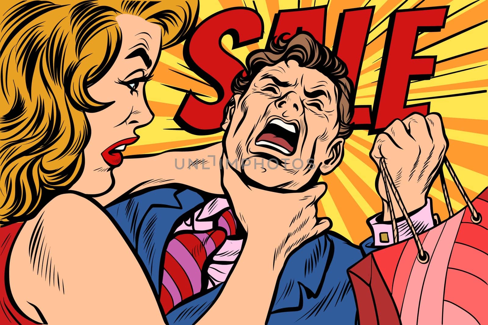 Wife strangles husband, shopping and sales. Pop art retro vector illustration cartoon comics kitsch drawing