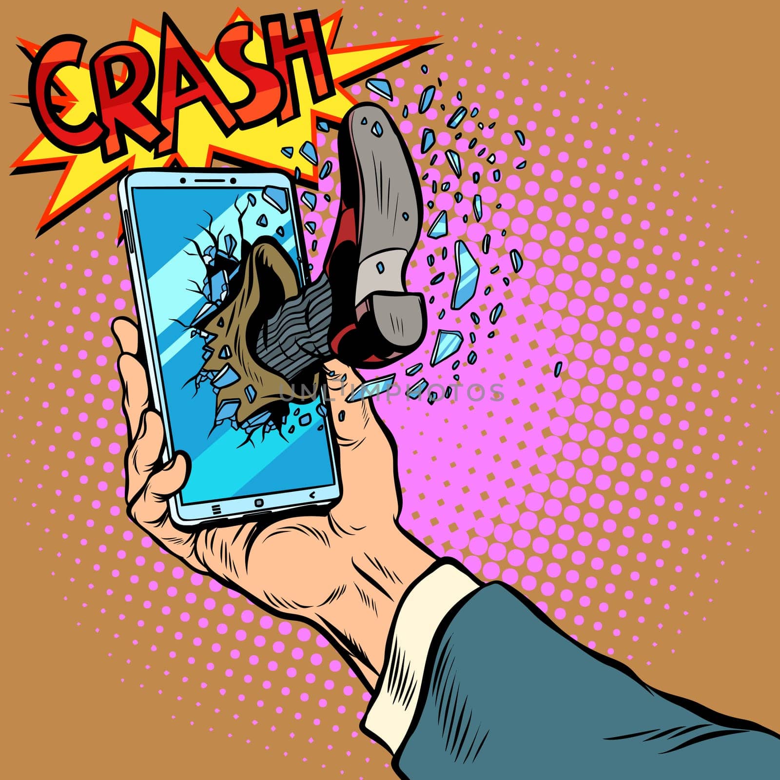 Hacking the phone, concept. Leg breaks smartphone screen. Pop art retro vector illustration comic cartoon kitsch drawing