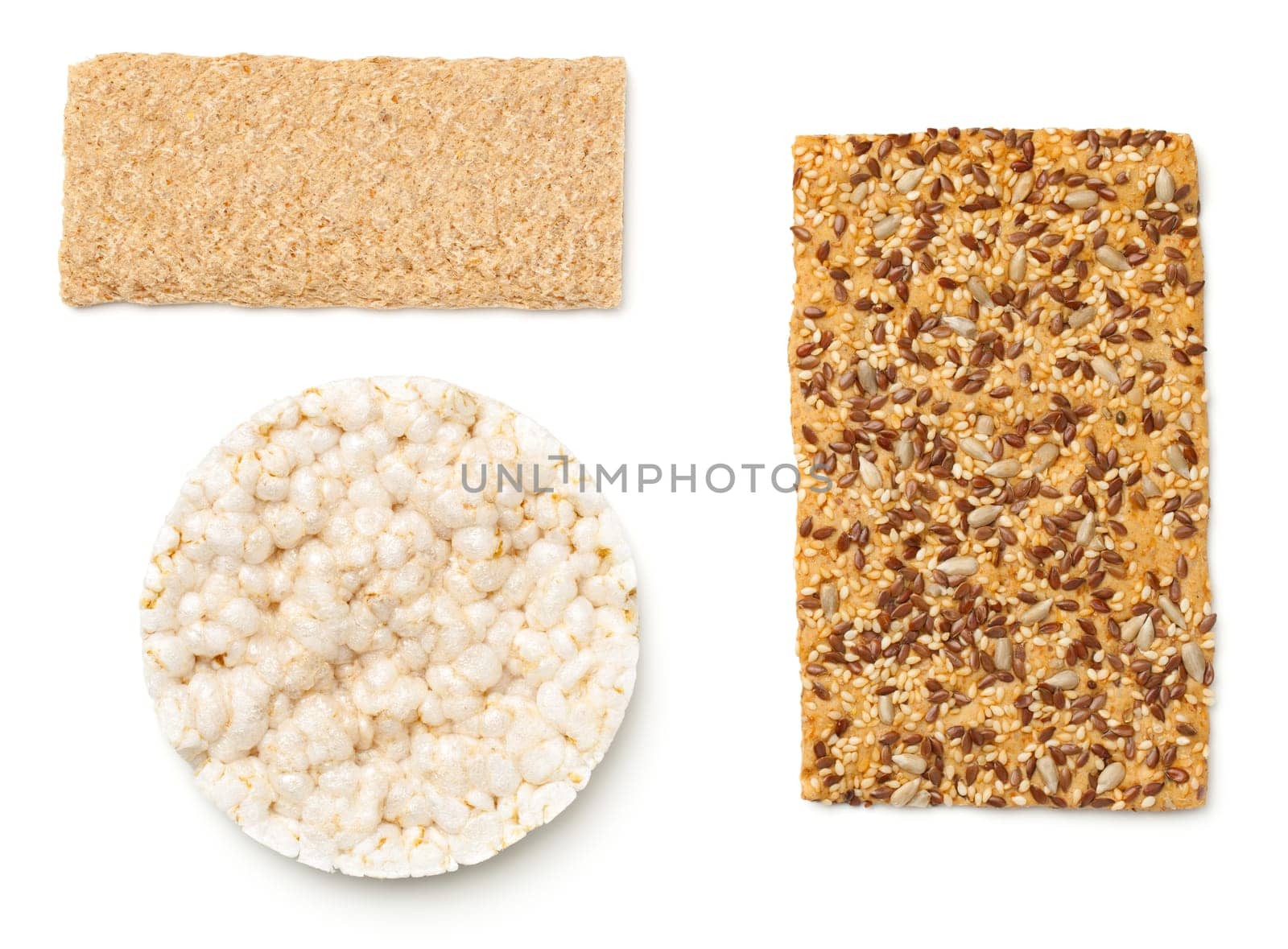 set of crispy breads isolated on white background. top view
