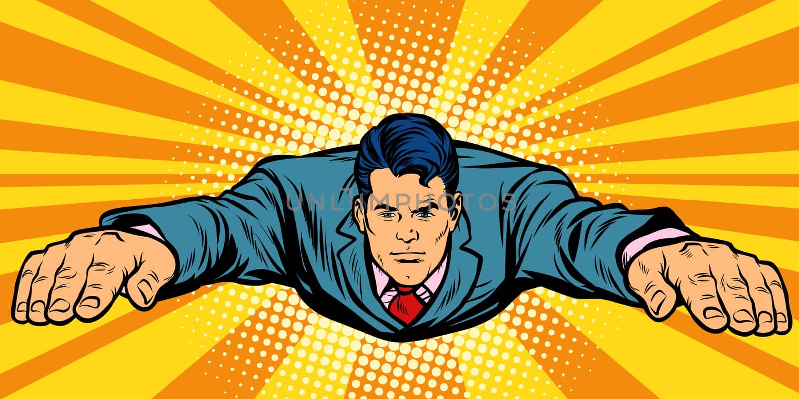 Serious businessman flying, superhero. Pop art retro vector illustration comic cartoon kitsch drawing