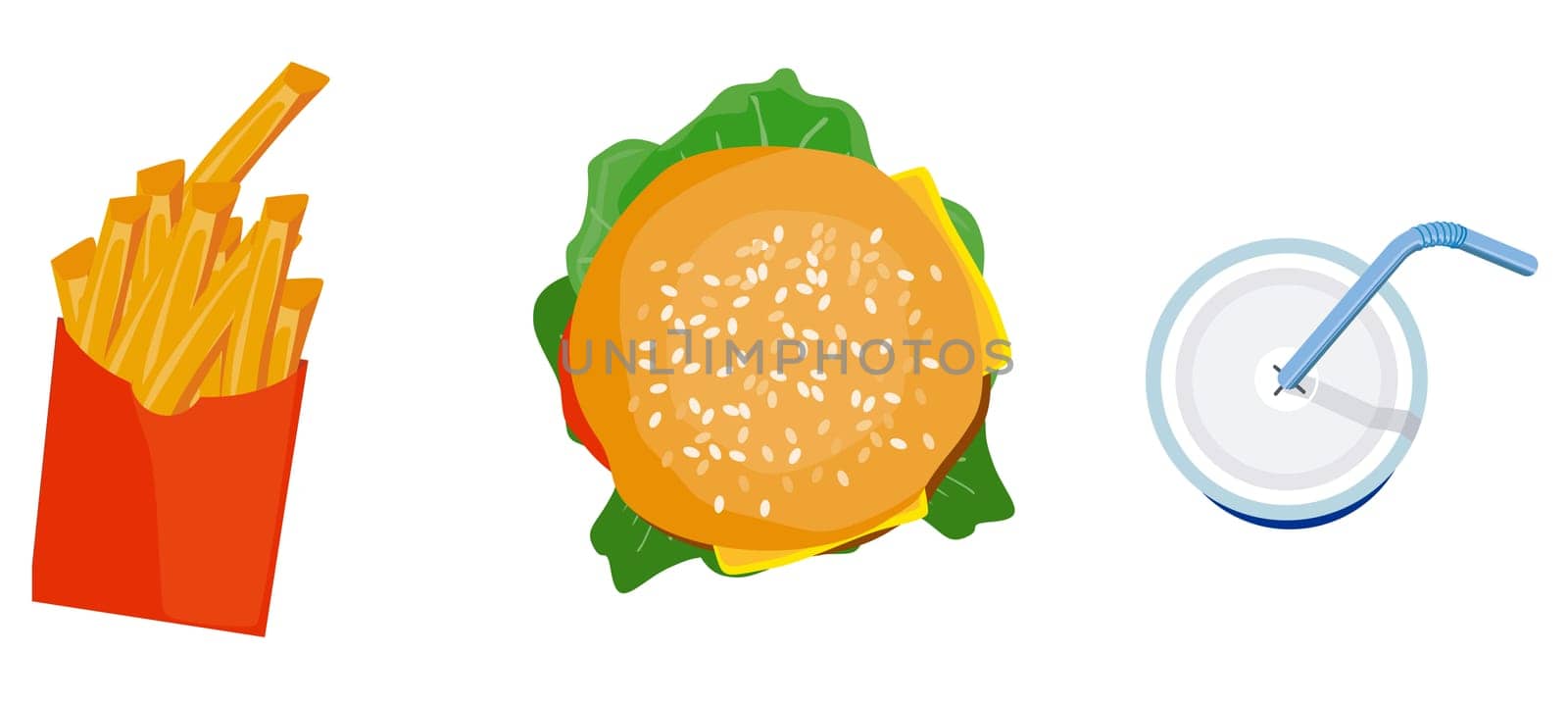 Illustration of burger, fries, and a drink done in retro style.