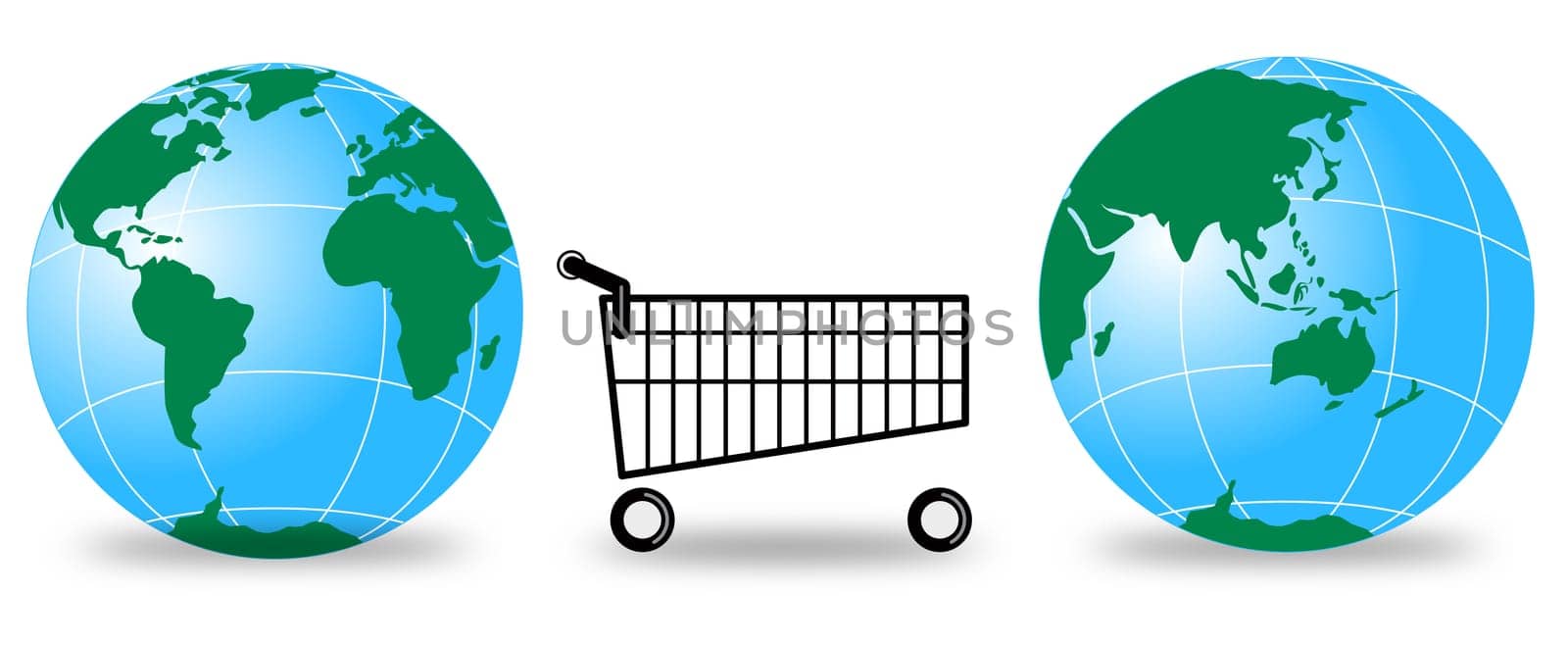 Illustration of two globes with a shopping cart in between isolated on white background done in retro style.