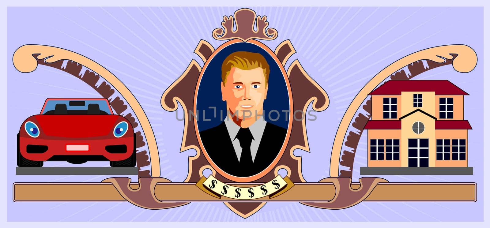 Illustration of a car, house and man set inside a money format done in retro style.