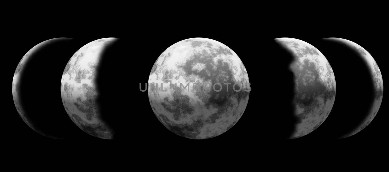 Illustration of moon phase set on black background done in retro style.