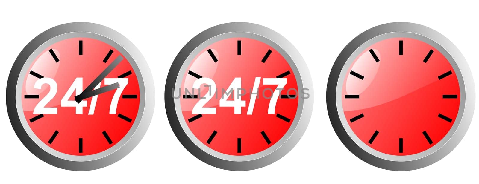 Illustration of 24/7 sign inside a red clock isolated in white background done in retro style.
