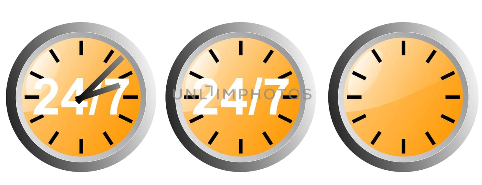 Illustration of 24/7 sign inside an orange clock isolated in white background done in retro style.