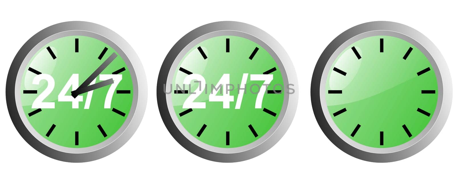 Illustration of 24/7 sign inside a green clock isolated in white background done in retro style.