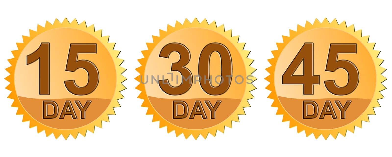 Illustration of icon15 Day, 30 Day, 45 Day in gold seal done in retro style.