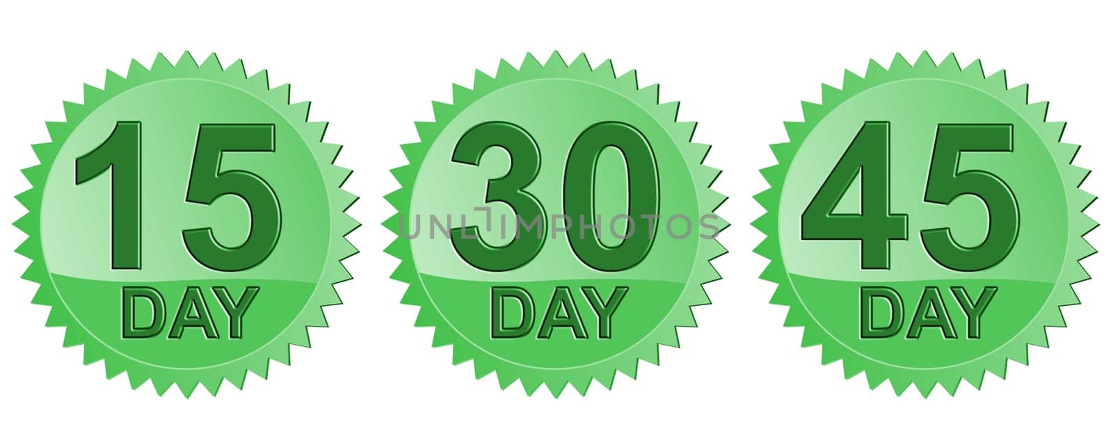 Illustration of icon15 Day, 30 Day, 45 Day in green seal done in retro style.