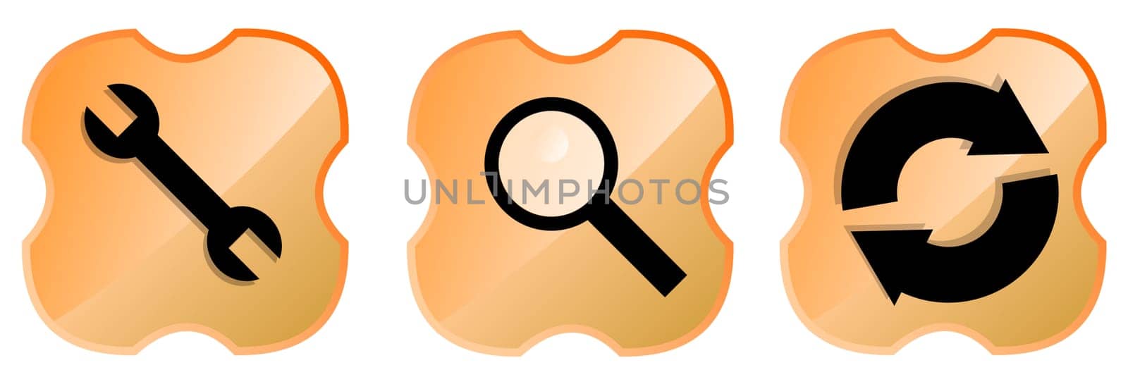 Illustration of a wrench, magnifying glass and web icon inside an orange shield cross isolated on white background done in retro style.